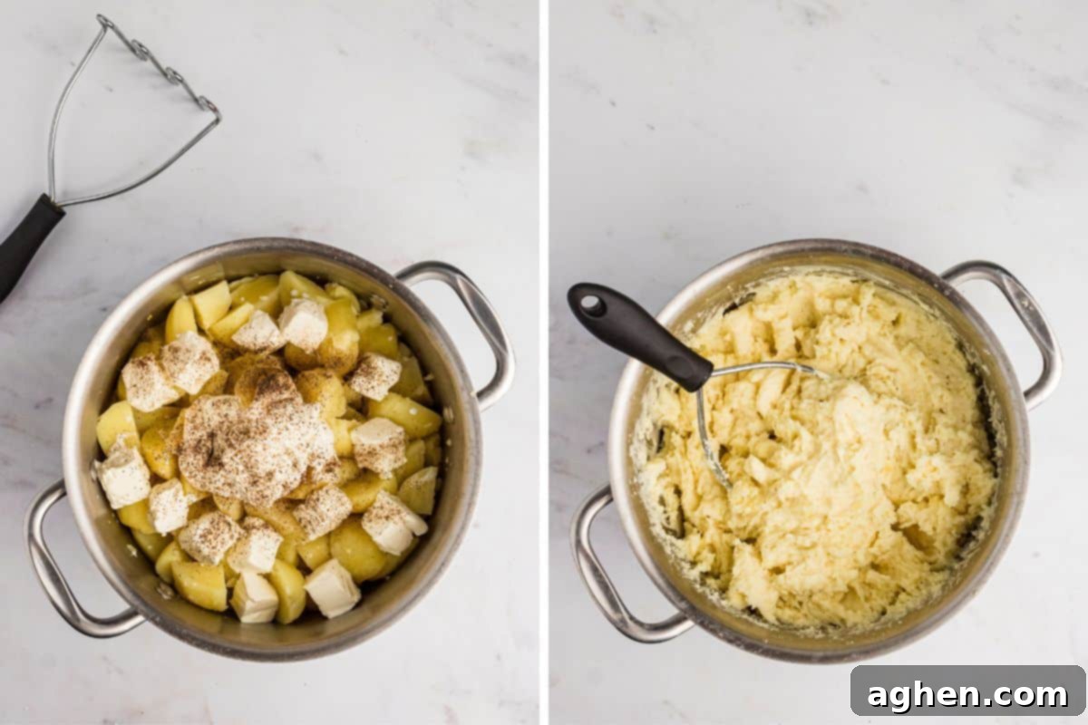 A two-part image showing the process of making creamy mashed potatoes: on the left, a pot of boiled potatoes with cubes of cream cheese, a dollop of sour cream, milk, and seasonings are visible before mashing; on the right, the smooth, mashed potatoes are shown after being combined with a potato masher, ready for baking.