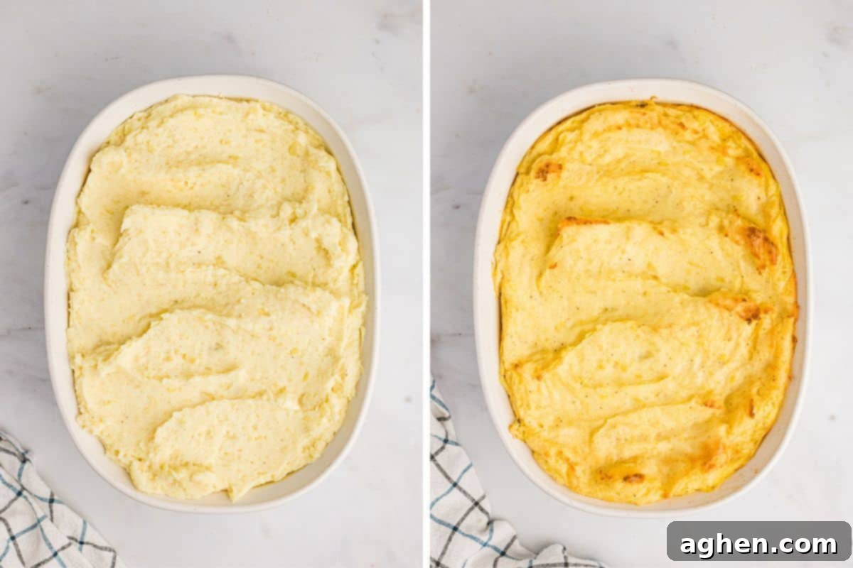 A side-by-side comparison illustrating Party Mashed Potatoes before and after baking: the left shows the smooth, creamy mixture in a white casserole dish, while the right displays the same dish with a golden, slightly browned top, indicating it's perfectly baked.