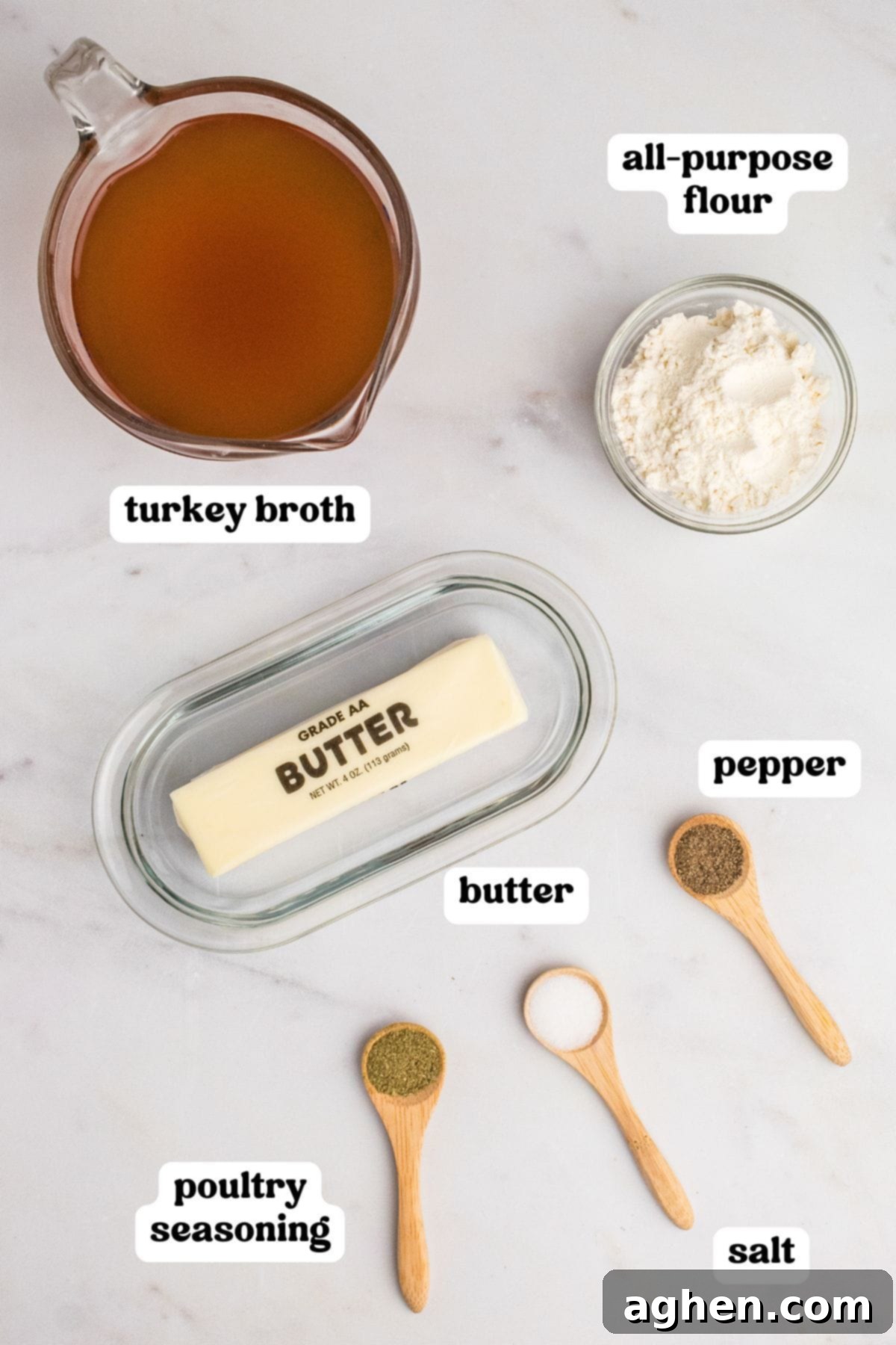 Collection of turkey gravy ingredients: turkey broth, all-purpose flour, butter, salt, pepper, and poultry seasoning neatly arranged on a counter.