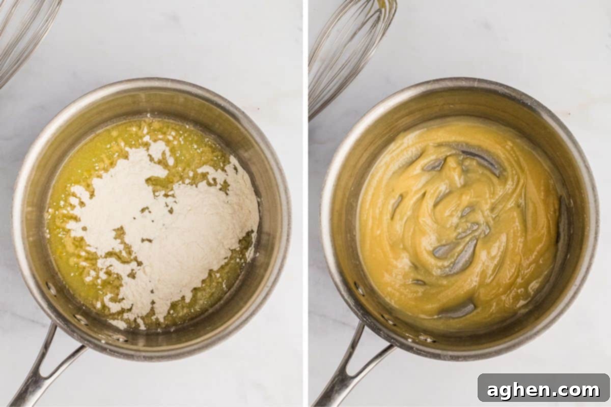 Two-image collage demonstrating roux creation: first, melted butter with flour sprinkled on top; second, the butter and flour mixture expertly combined, creating a smooth, golden roux.