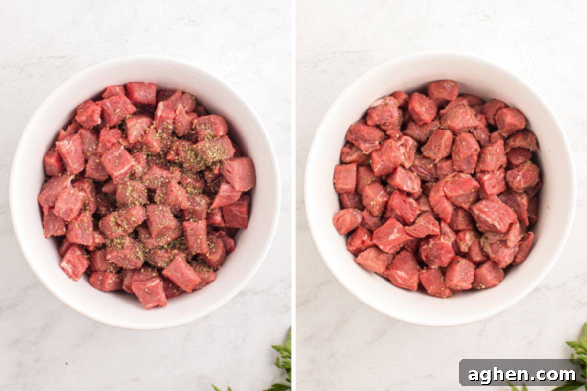 Two-image collage showing raw steak pieces in a bowl topped with seasonings, followed by the same steak bites after being tossed in the seasoning mixture.