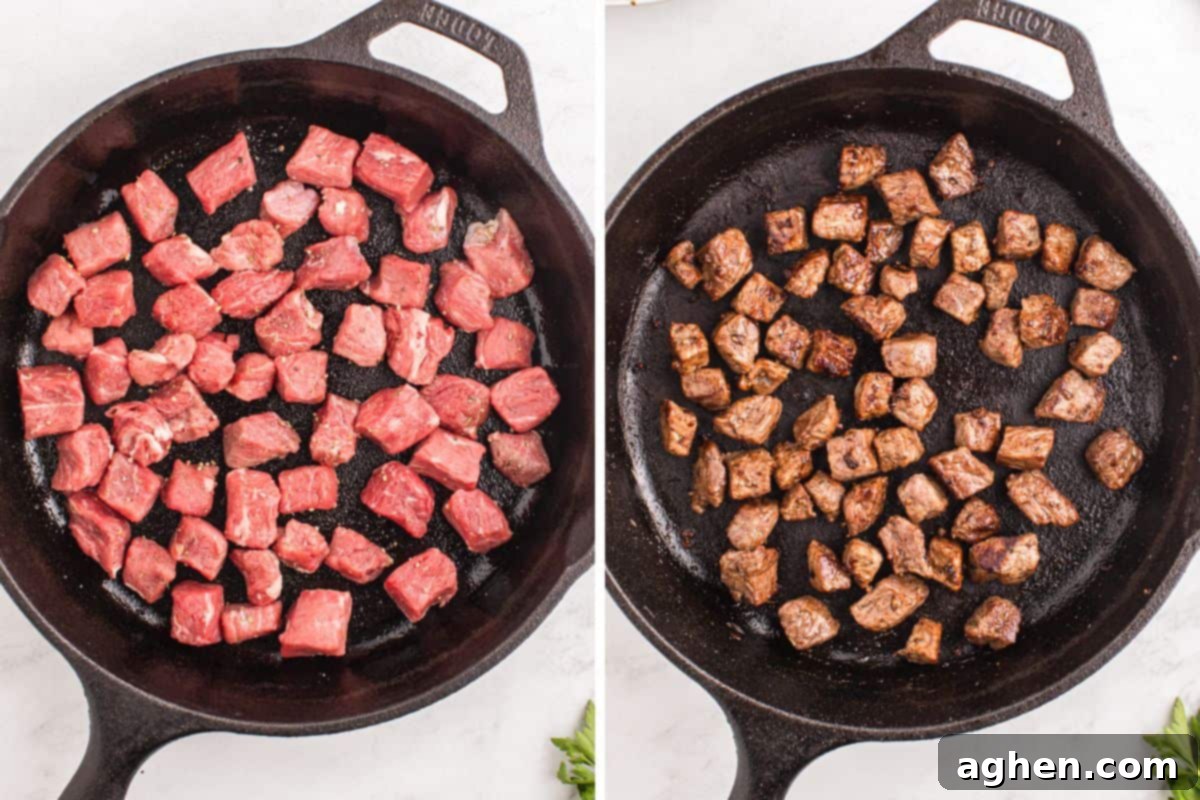 Two-image collage of steak bites in a cast iron skillet, one image showing the raw steak bites and the other after they have been perfectly seared.