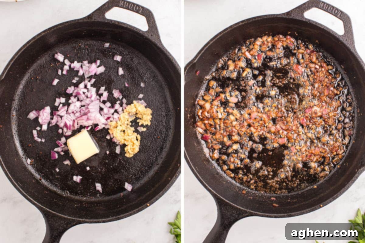 Two-image collage showing red onion, garlic, and butter in a skillet, one before cooking and the other after the butter has melted and the onion and garlic have browned.