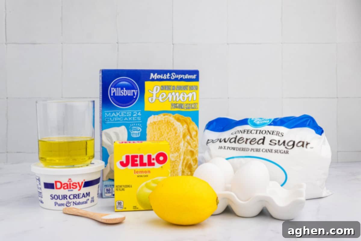 Effortless Lemon Bundt Cake Perfection 4 A vibrant display of ingredients for a delicious lemon cake mix bundt cake on a clean countertop, ready for baking.