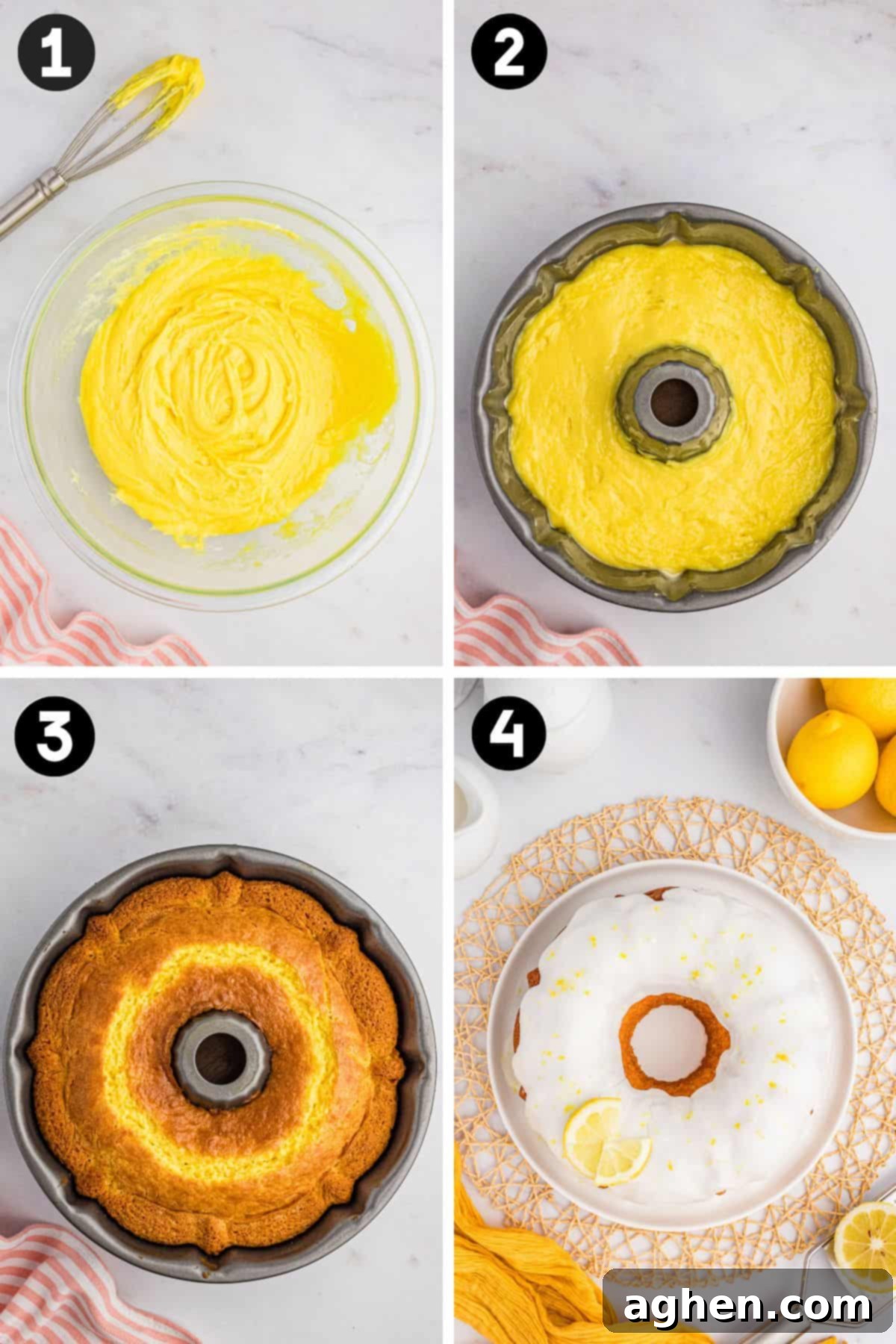 Effortless Lemon Bundt Cake Perfection 5 A four-image collage illustrating the easy steps to make the lemon cake. Image 1: Fluffy lemon cake batter in a large mixing bowl. Image 2: Smooth batter carefully poured into a perfectly greased bundt pan. Image 3: A beautifully baked golden lemon bundt cake still nestled in its pan, cooling. Image 4: The finished cake gracefully inverted onto a platter, elegantly topped with a sweet lemon glaze and a delicate slice of fresh lemon as garnish.