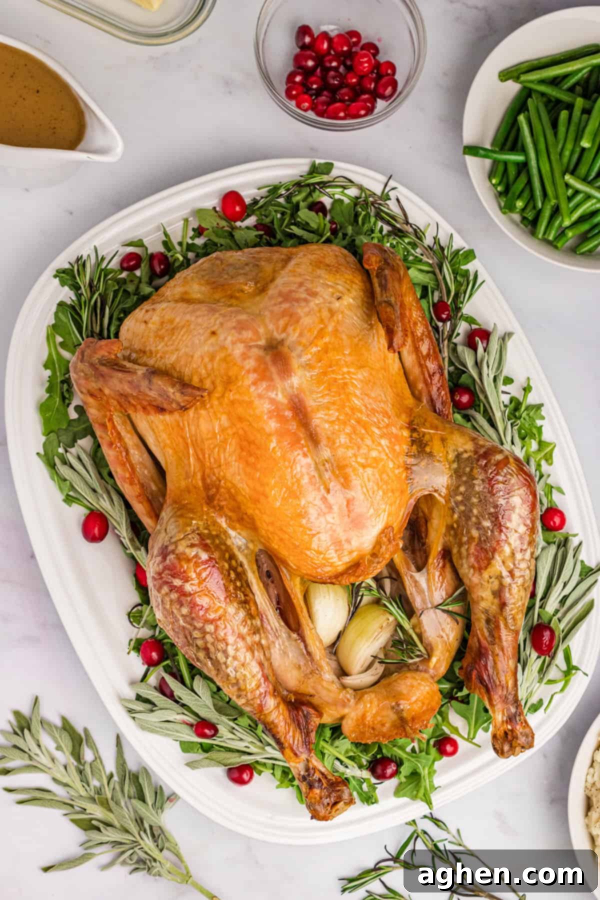 Golden Roasted Thanksgiving Turkey stuffed with onions on bed of lettuce on a platter. Cranberry sauce, gravy, green beans, and fresh herbs are around it.