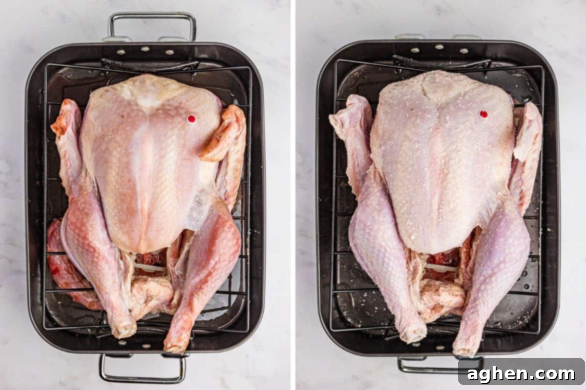 Two image collage of whole raw turkey before and after a dry brine using kosher salt.