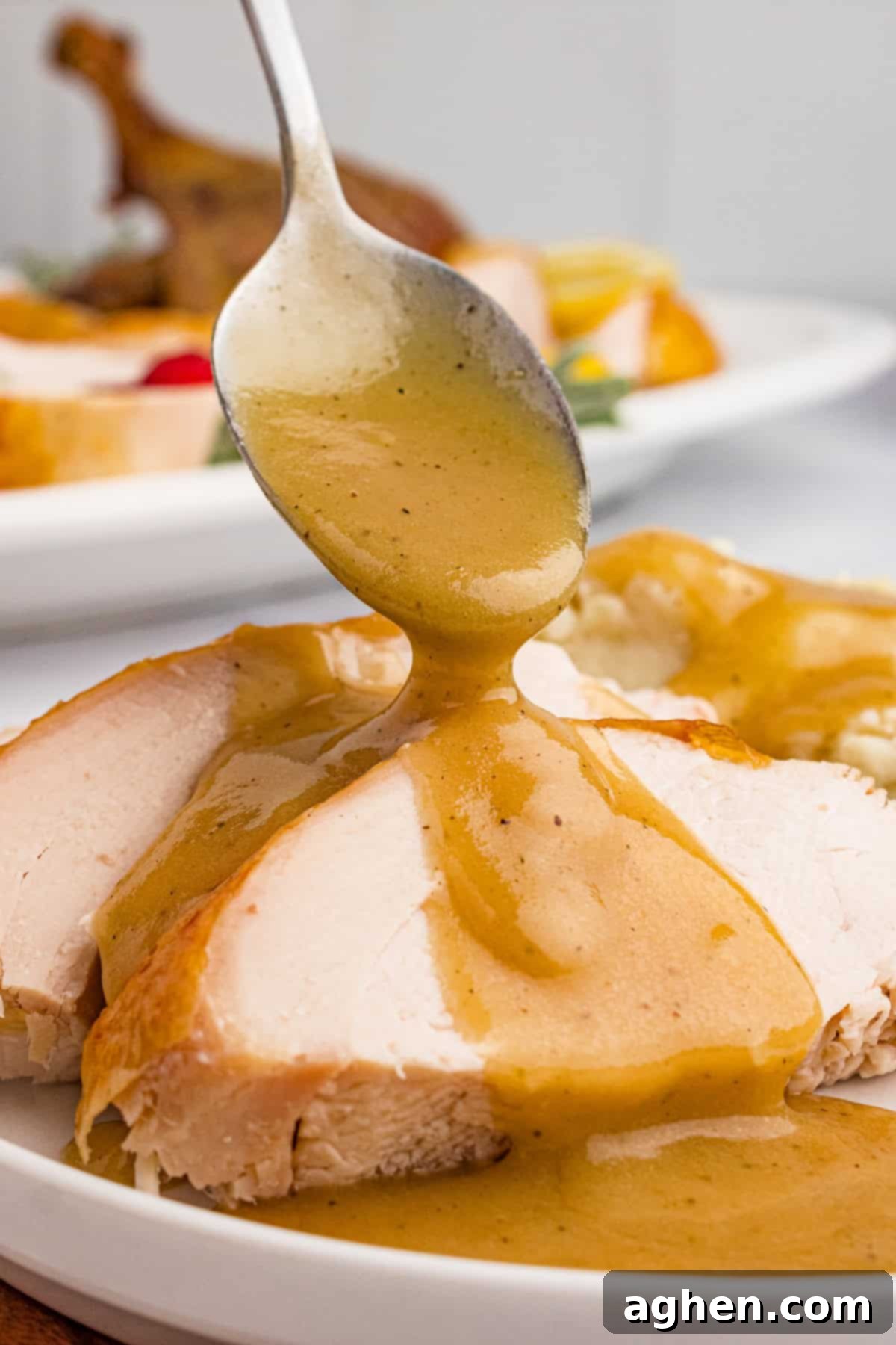 Spoon pouring rich turkey neck gravy over slices of roasted turkey on a serving plate.