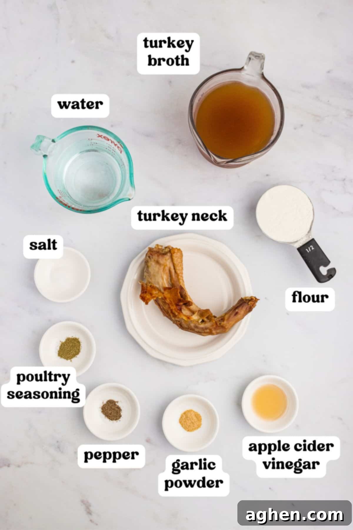 All ingredients for turkey neck gravy displayed on a kitchen counter, including broth, turkey neck, flour, spices, and drippings.