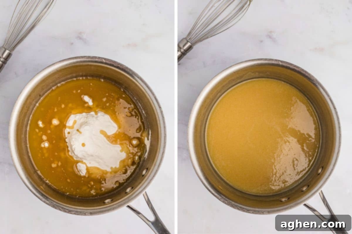 Two-image collage: Flour being whisked into fat in a saucepan to make roux; second image shows smooth, golden roux ready for gravy.
