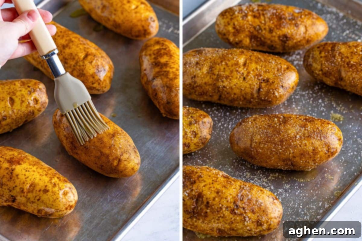 First image shows russet potatoes on a sheet pan being brushed with olive oil. Second image shows the same potatoes generously sprinkled with kosher salt, ready to be baked.