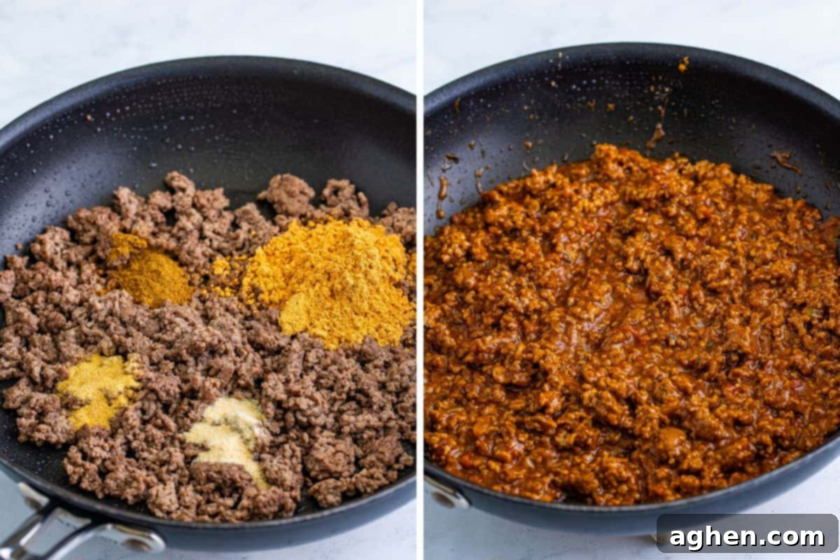 First image shows ground beef cooking in a large pan with taco seasonings sprinkled on top. Second image shows the perfectly seasoned ground beef ready to be added to the baked potatoes.