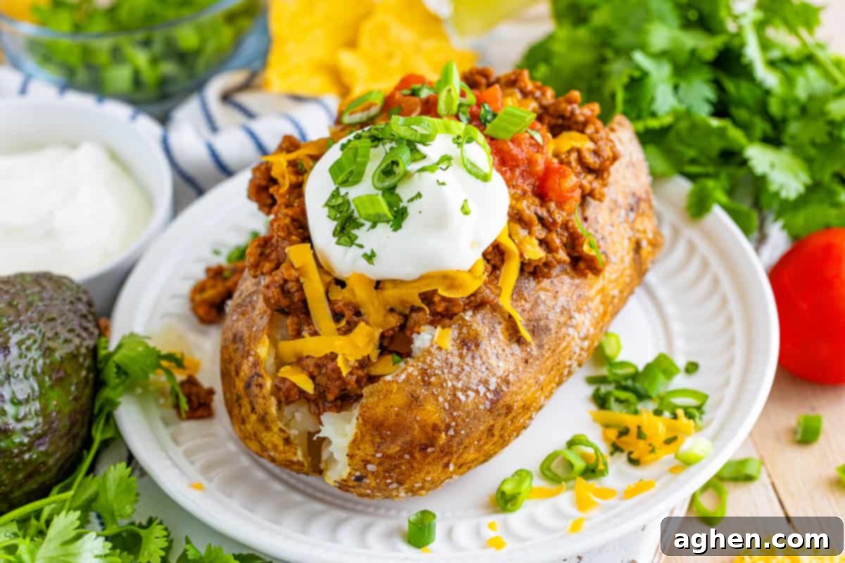 A beautifully loaded taco baked potato, generously stuffed with seasoned ground beef, melted cheese, a dollop of sour cream, fresh salsa, and chopped green onions.