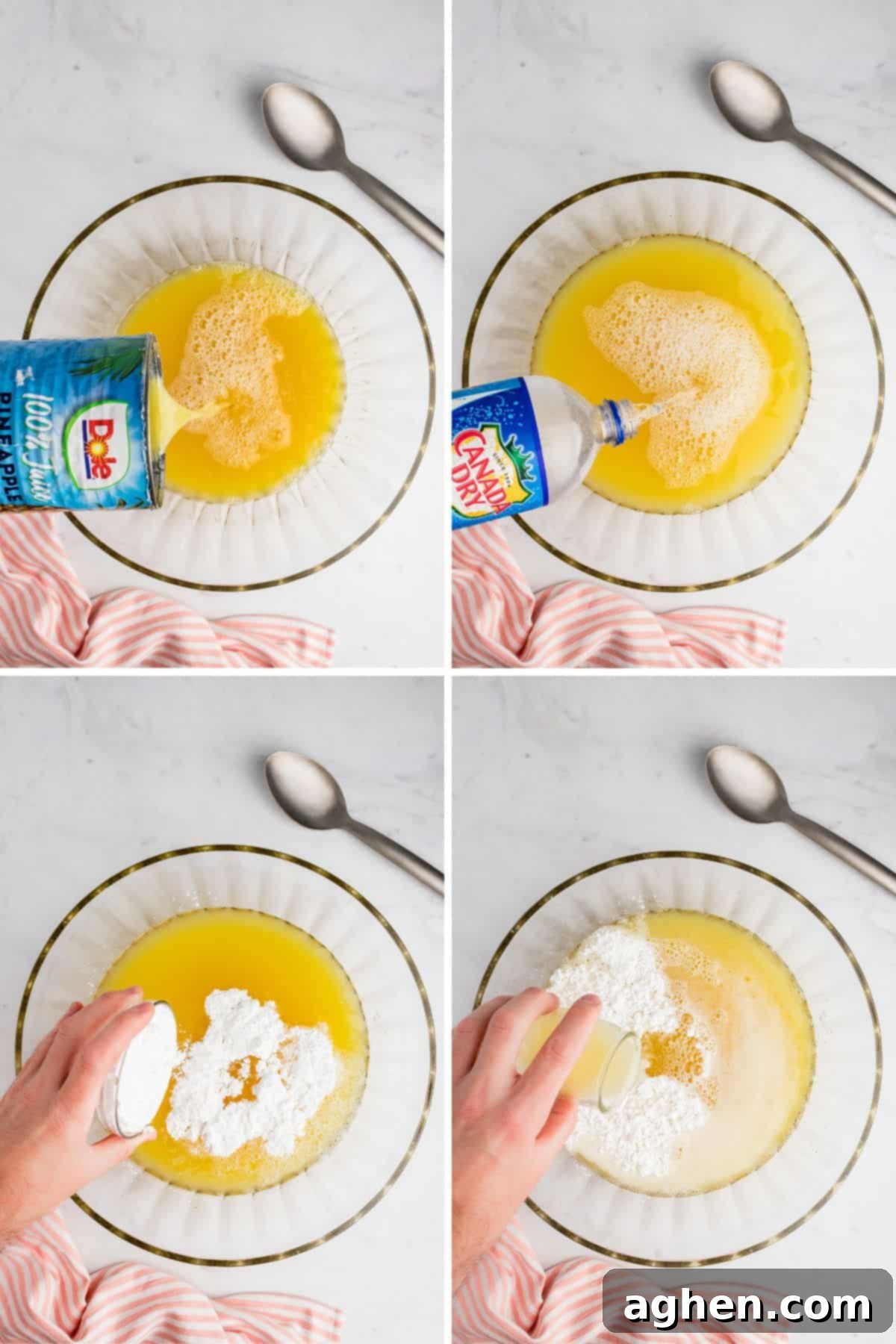4 image collage of canned pineapple juice, club soda, powdered sugar, and lemon juice being poured in a large glass punch bowl to make punch.