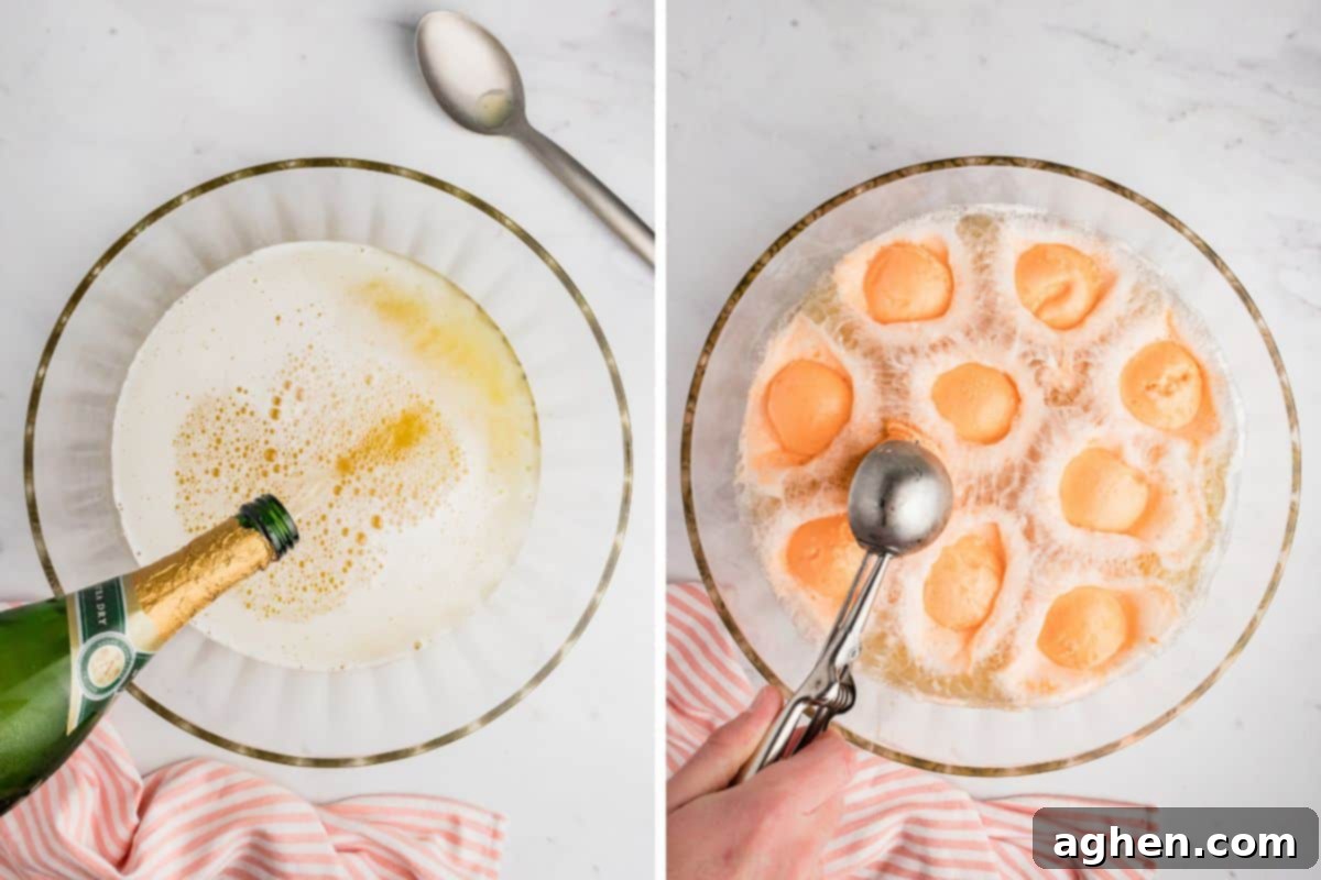 Champagne being poured into punch bowl and orange sherbet being scooped on top of the champagne punch.