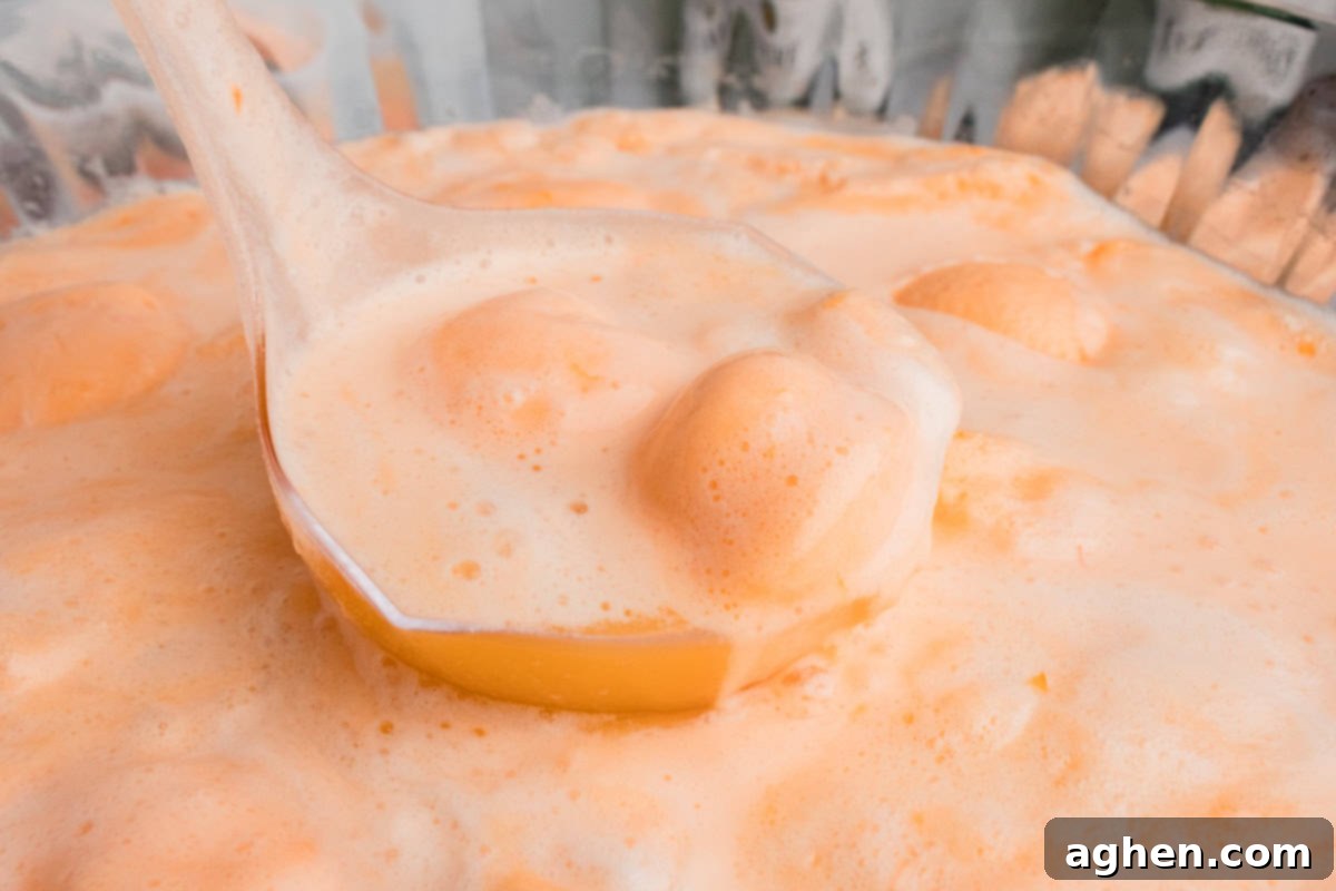 Close up of scoop of champagne punch with sherbet.