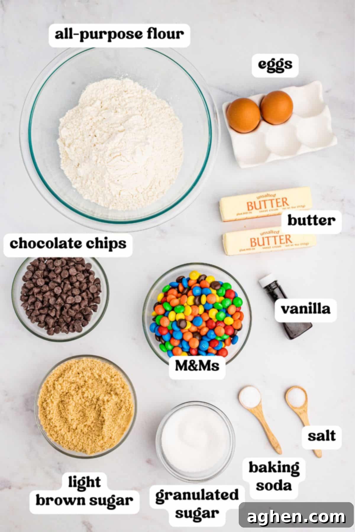 Ingredients for chocolate chip M&M cookie bars meticulously measured out and ready for the baking process.