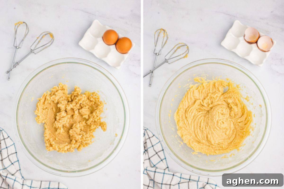 Two image collage of a mixing bowl with creamed butter and sugar in the first image, and the creamed butter and sugar with the addition of egg in the second, showing the progression of wet ingredient mixing.