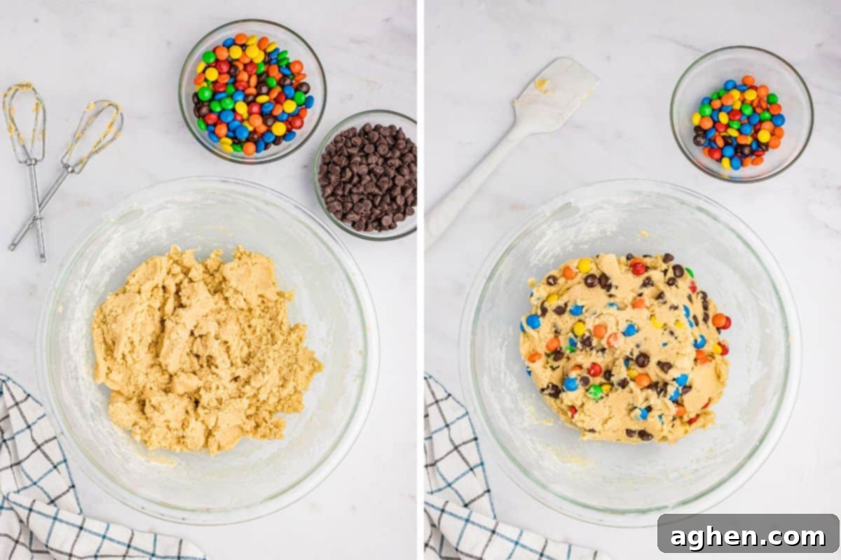 Two image collage showing the cookie dough before and after M&Ms and chocolate chips are mixed in, highlighting the colorful additions.