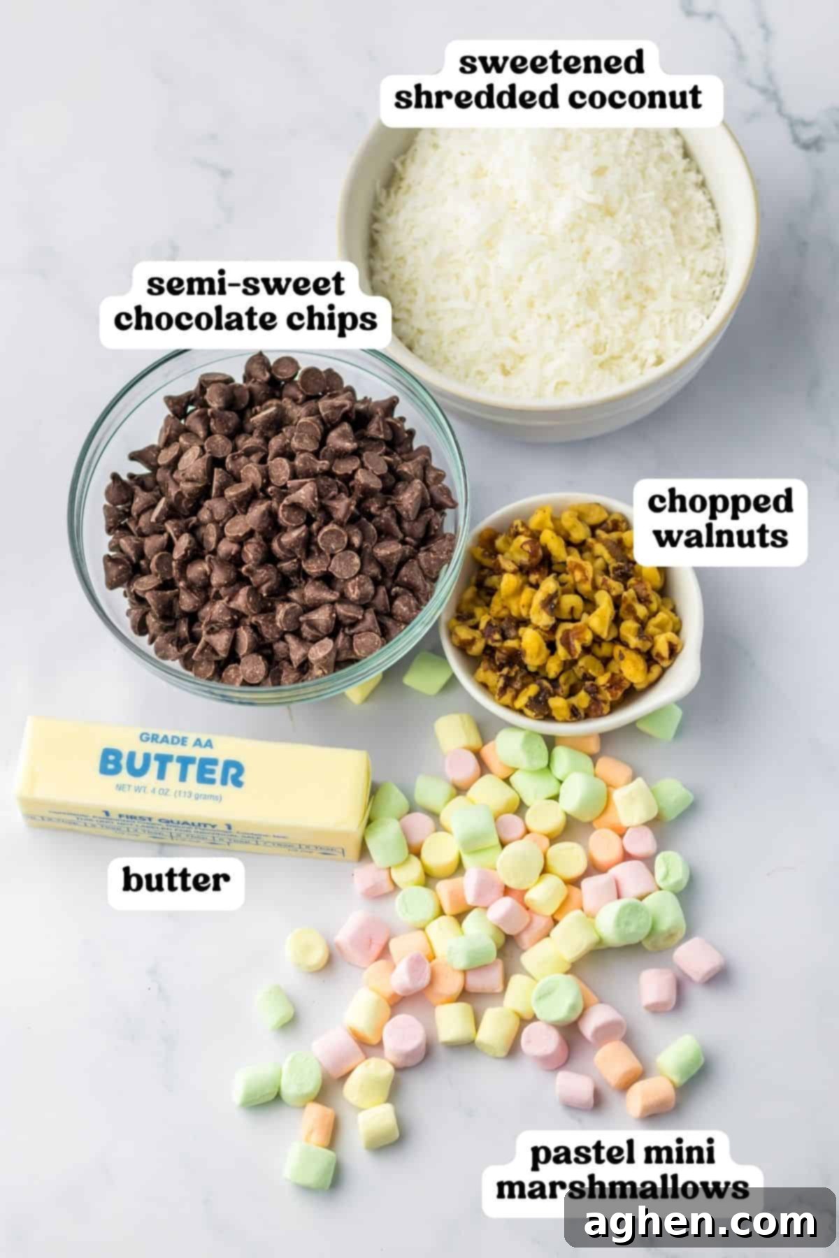 Labeled ingredients for church window cookies including butter, chocolate chips, pastel mini marshmallows, chopped walnuts, and shredded coconut.