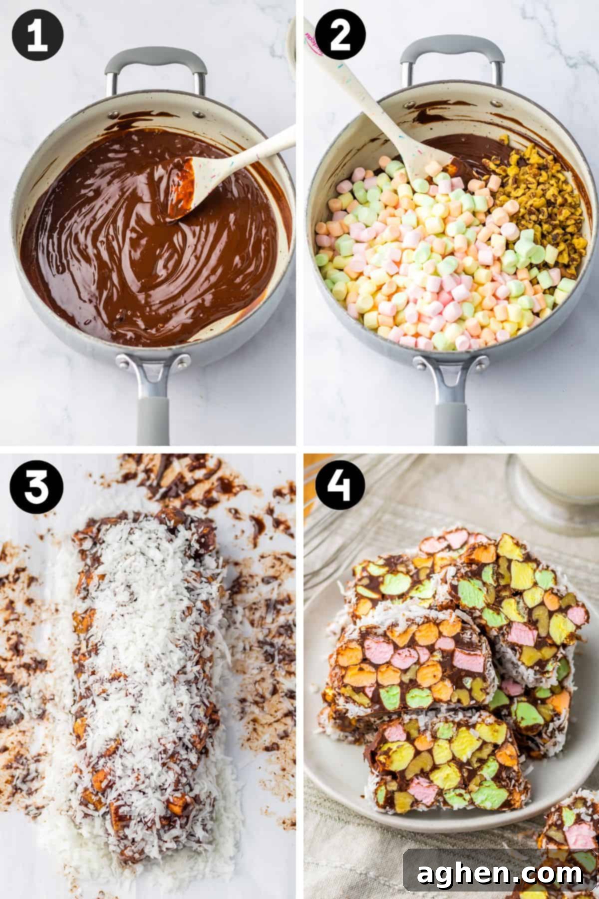 Step-by-step collage for making stained glass window cookies: melting chocolate, adding marshmallows and walnuts, rolling in coconut, and slicing the log.