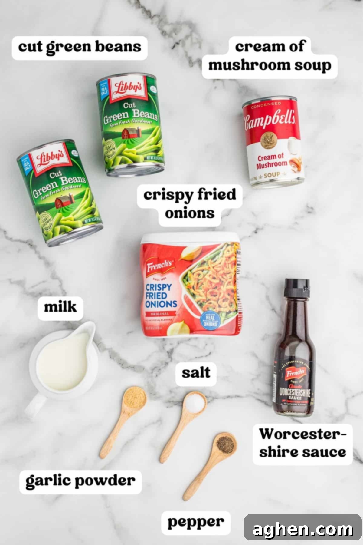 All the core ingredients laid out for making green bean casserole: two cans of cut green beans, a can of cream of mushroom soup, milk, Worcestershire sauce, garlic powder, salt, pepper, and a bag of crispy fried onions.