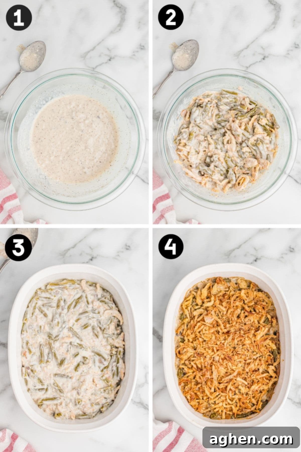 A step-by-step photographic guide showing the process of making green bean casserole: combining ingredients in a large mixing bowl, transferring the mixture to a prepared casserole dish, and finally topping it with crispy fried onions before baking.