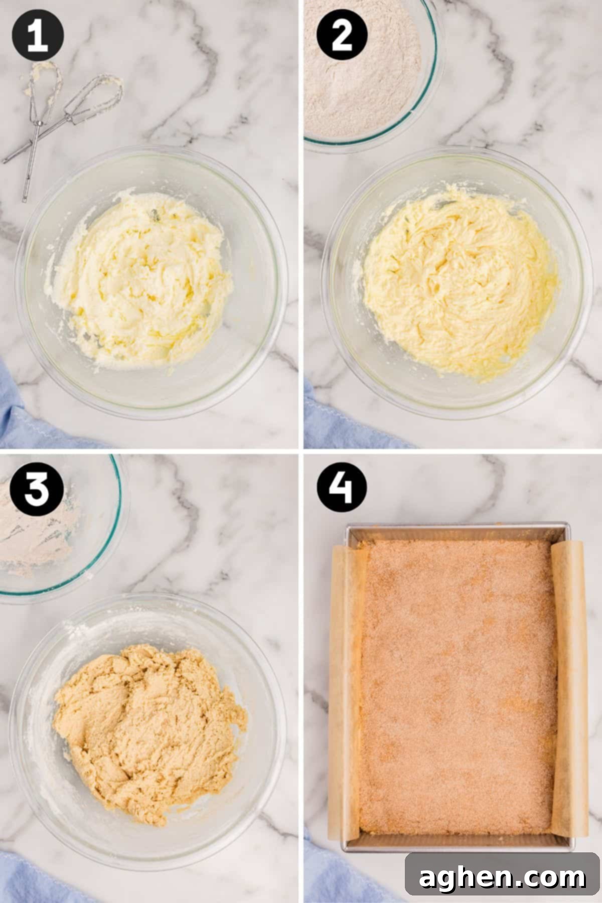 In process image collage including 3 images of ingredients being mixed with hand mixer in glass mixing bowl: creamed butter and sugar, eggs and vanilla mixd in, dry ingredients added, and finally the dough pressed into a lined 9 x 13 metal pan and topped with cinnamon sugar.