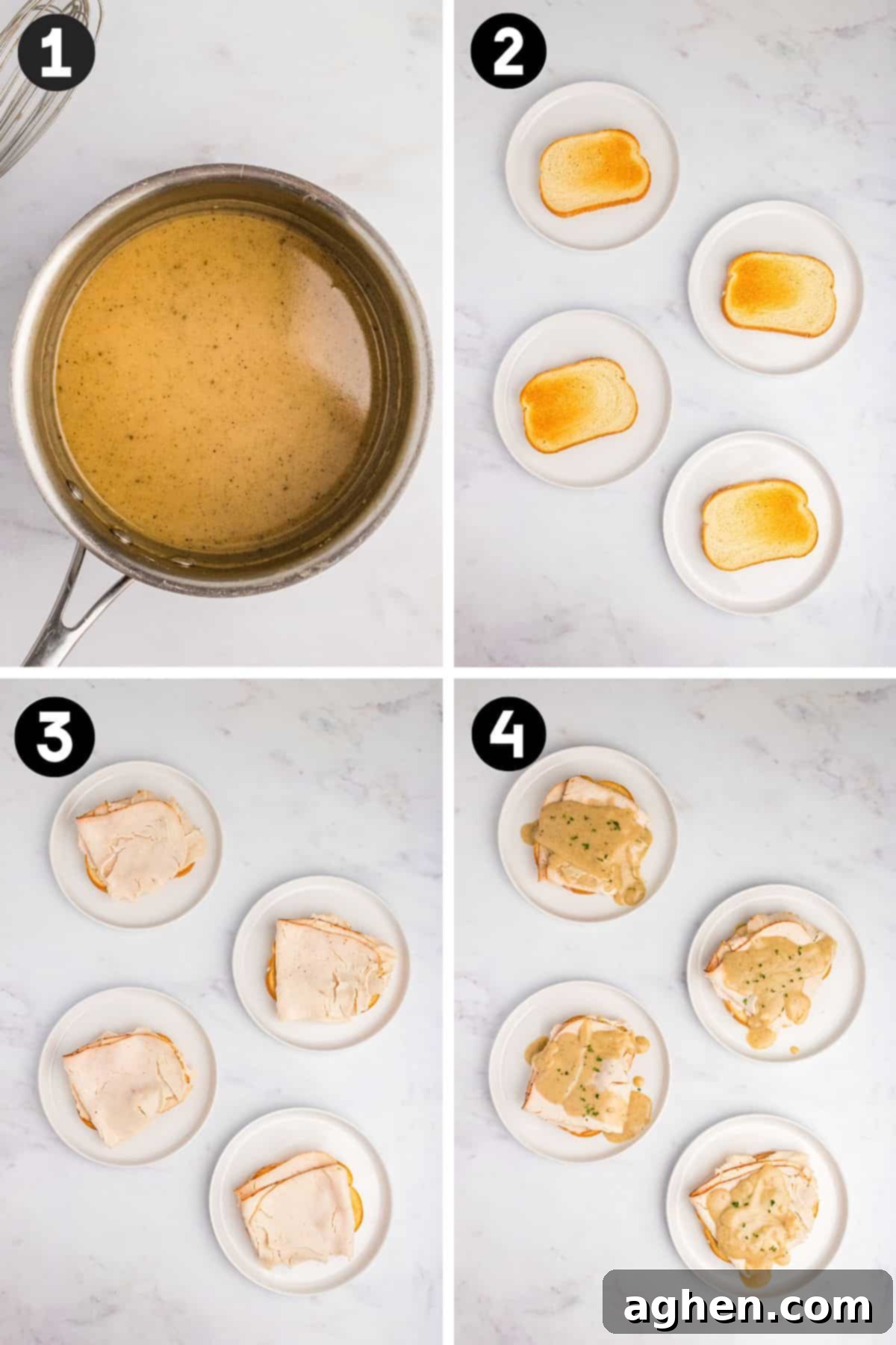 Open Faced Turkey Sandwich 5 Step-by-step photos for making an open faced turkey and gravy sandwich: heating gravy, toasting bread, and assembling sandwich with turkey slices, and pouring gravy over the top