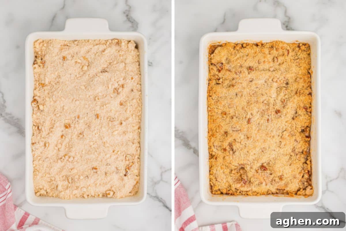 Two-image collage showing apple crisp in a 9x13 baking dish before baking and then after baking, with the topping golden brown.