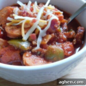 Ultimate Carnivore Chili 2 Close-up of a bowl of hearty meat lovers chili.
