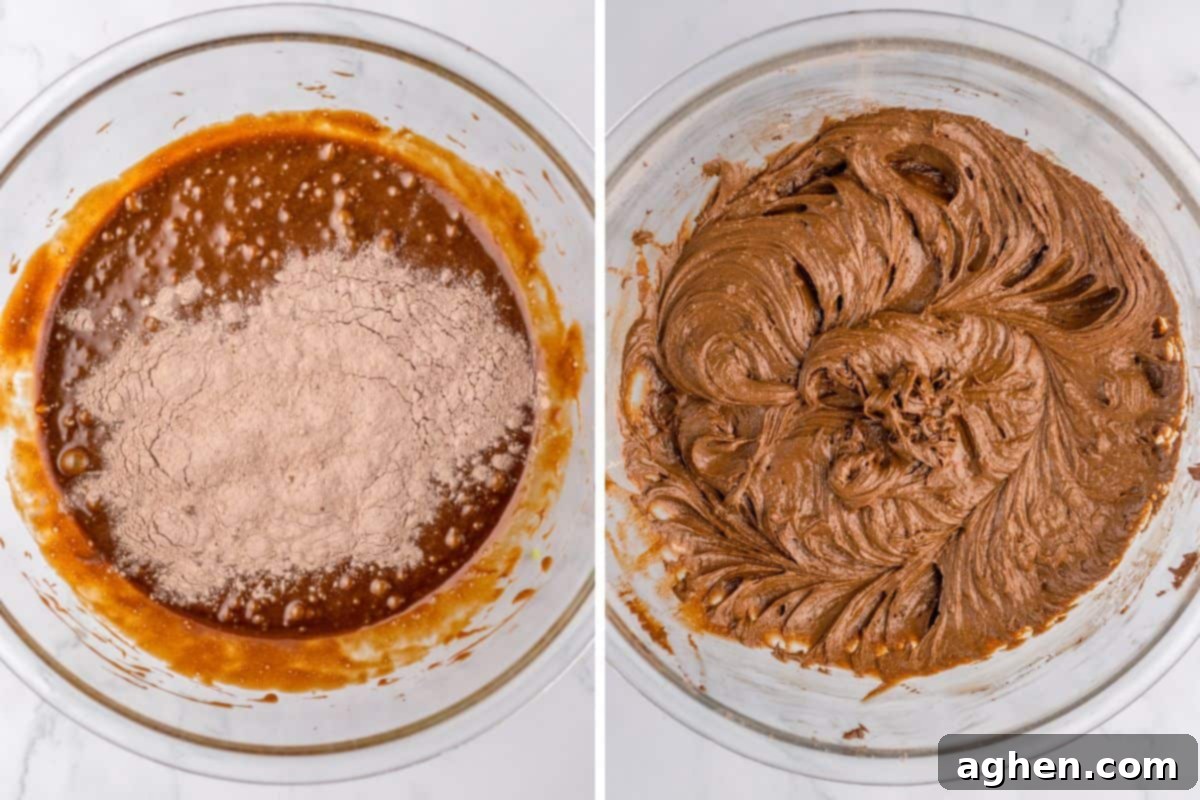 Side-by-side collage showing a bowl with wet ingredients and dry ingredients added on the left and the fully mixed chocolate cookie dough on the right.