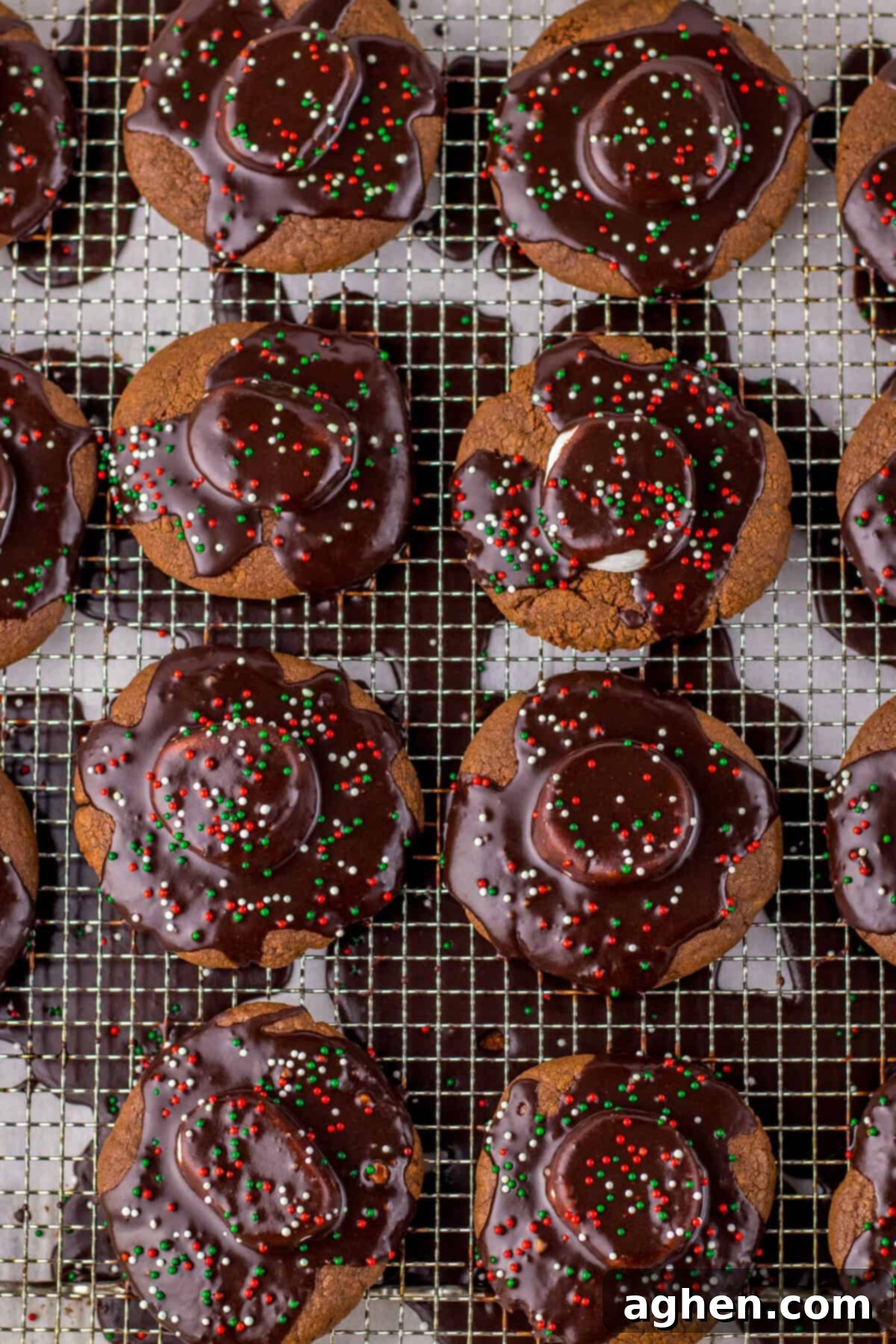 Hot chocolate cookies on a cooling rack with marshmallows and chocolate icing.