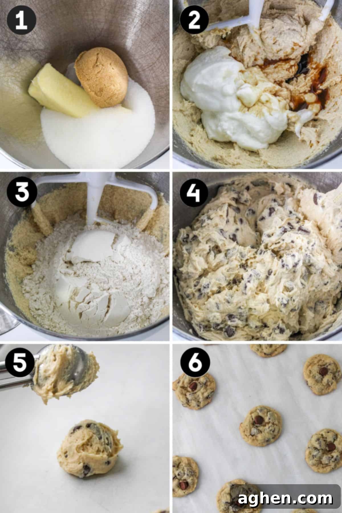 Steps for yogurt chocolate chip cookies: mix ingredients, fold in chocolate chips, scoop dough, and bake eggless cookies.