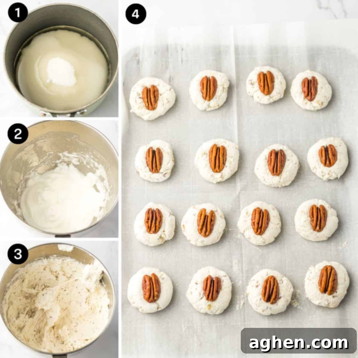 Four-step collage for making divinity candy recipe with pecans: boiling sugar, whipped egg whites, thickened candy mixture, and finished old fashioned divinity cookies topped with pecan halves on a parchment-lined baking sheet.