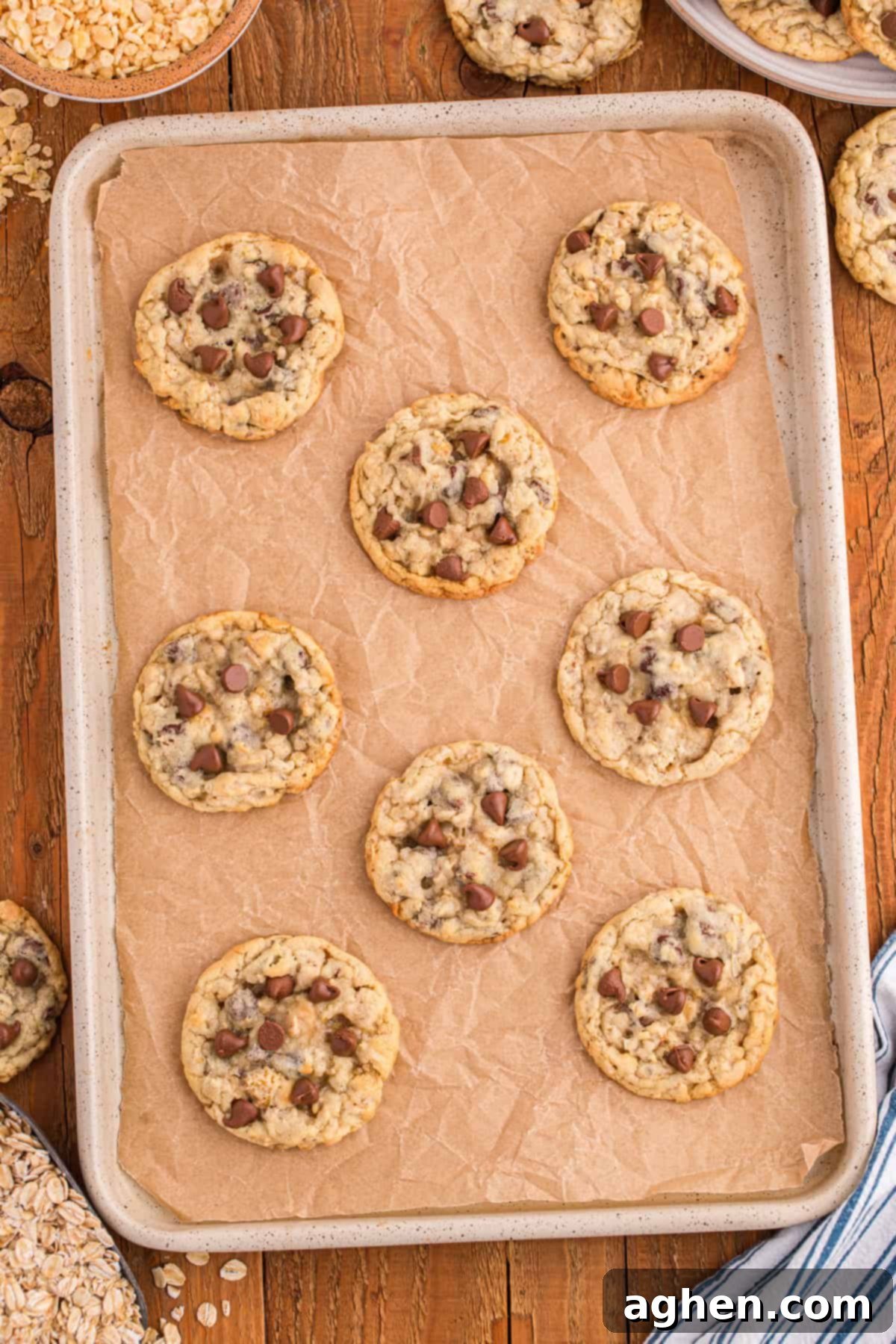Flat-lay view of freshly baked Ranger Cookies cooling on a parchment-lined baking sheet, showing perfect even spacing and a rich scattering of chocolate chips and other mix-ins on their golden-brown surfaces.