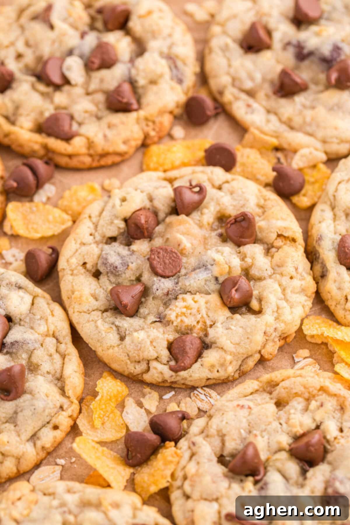 Golden-baked Texas Ranger Cookies arranged on parchment paper, beautifully scattered with prominent chocolate chips, oats, and cornflakes, creating a rustic and appealing presentation.