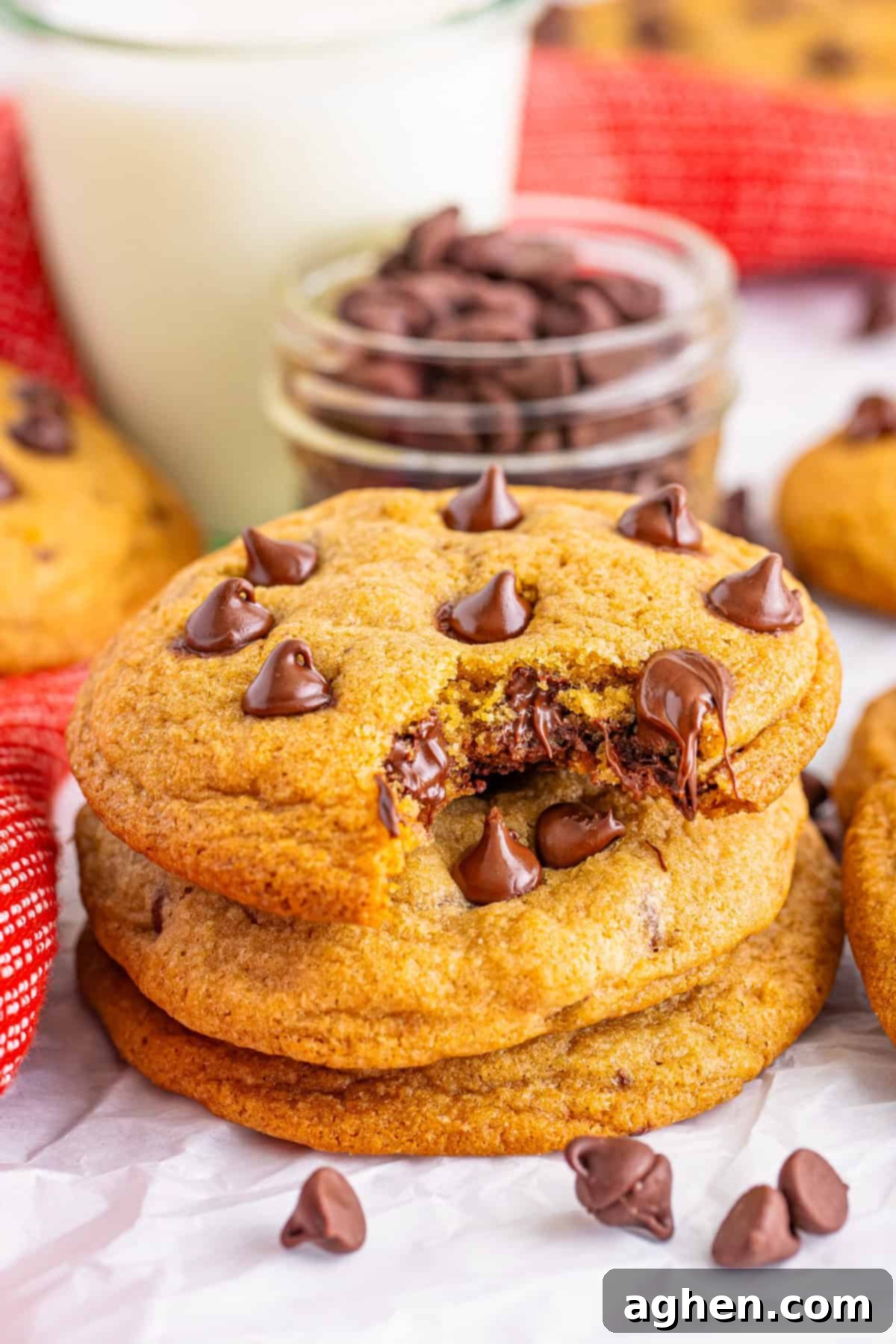Bake Mrs Fields Legendary Chocolate Chip Cookies 2 A stack of Mrs. Fields copycat chocolate chip cookies with one cookie bitten to reveal the gooey chocolate inside. This recipe shows how to make chocolate chip cookies just like Mrs. Fields.