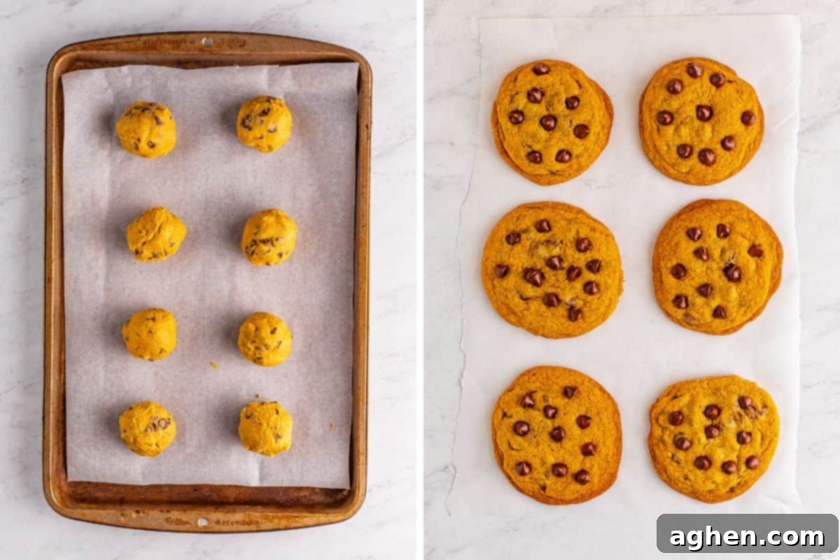 Bake Mrs Fields Legendary Chocolate Chip Cookies 7 A two-part image displaying cookie dough balls arranged on a baking sheet before baking, and the final baked Mrs. Fields chocolate chip cookies with golden edges and melted chocolate chips.