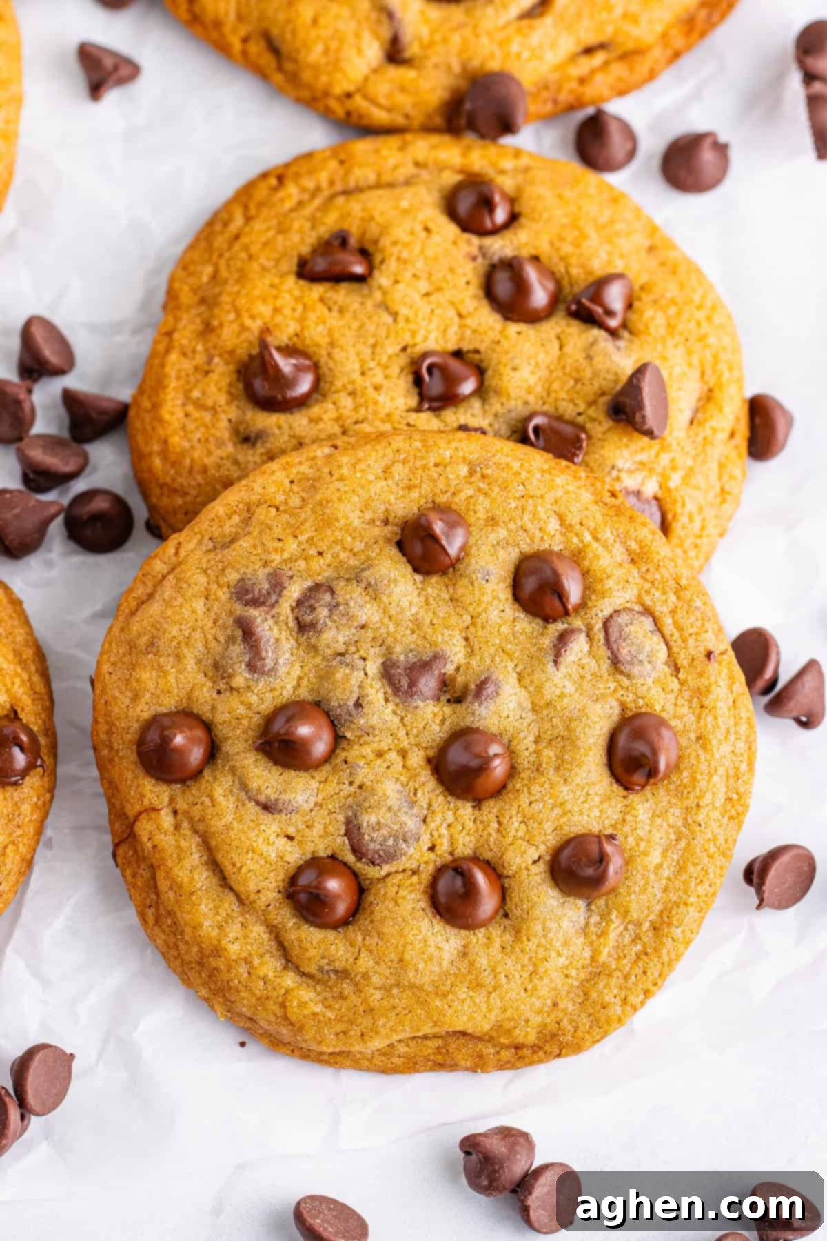 Bake Mrs Fields Legendary Chocolate Chip Cookies 8 A close-up of freshly baked Mrs. Fields chocolate chip cookies, featuring golden-brown edges and gooey chocolate chips. Perfect for recreating the iconic Mrs. Fields chocolate chip cookie recipe at home.