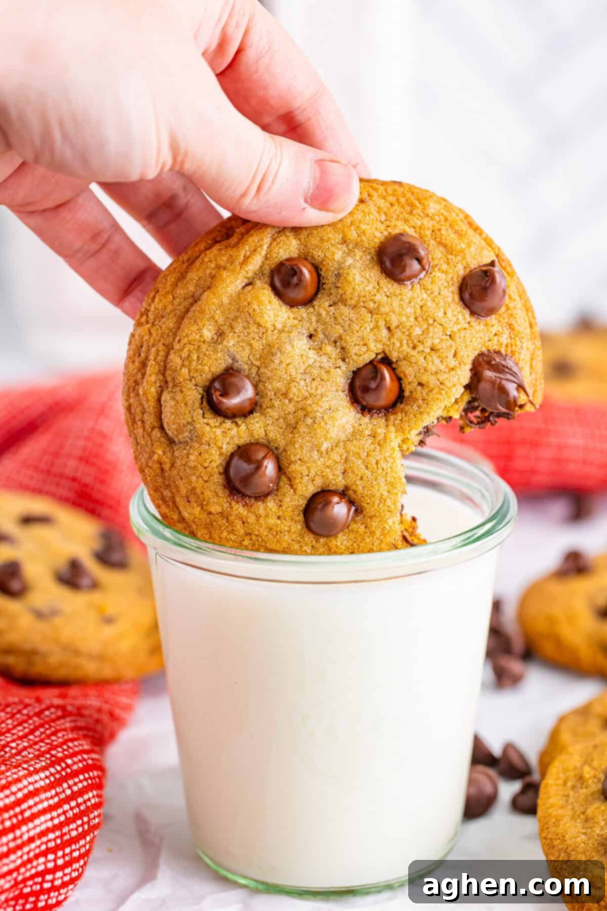 Bake Mrs Fields Legendary Chocolate Chip Cookies 9 A Mrs. Fields-style chocolate chip cookie being dipped into a glass of milk. The soft, golden-brown cookie is studded with melty chocolate chips, ideal for cookie lovers.