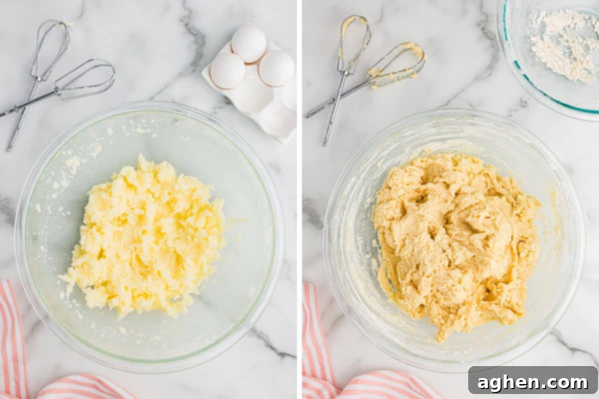 A split image showing ricotta cookie dough in progress. On the left, a glass bowl contains creamed butter and sugar, surrounded by cracked eggs and beaters. On the right, the fully mixed ricotta cookie dough sits in the bowl, with beaters coated in dough nearby.