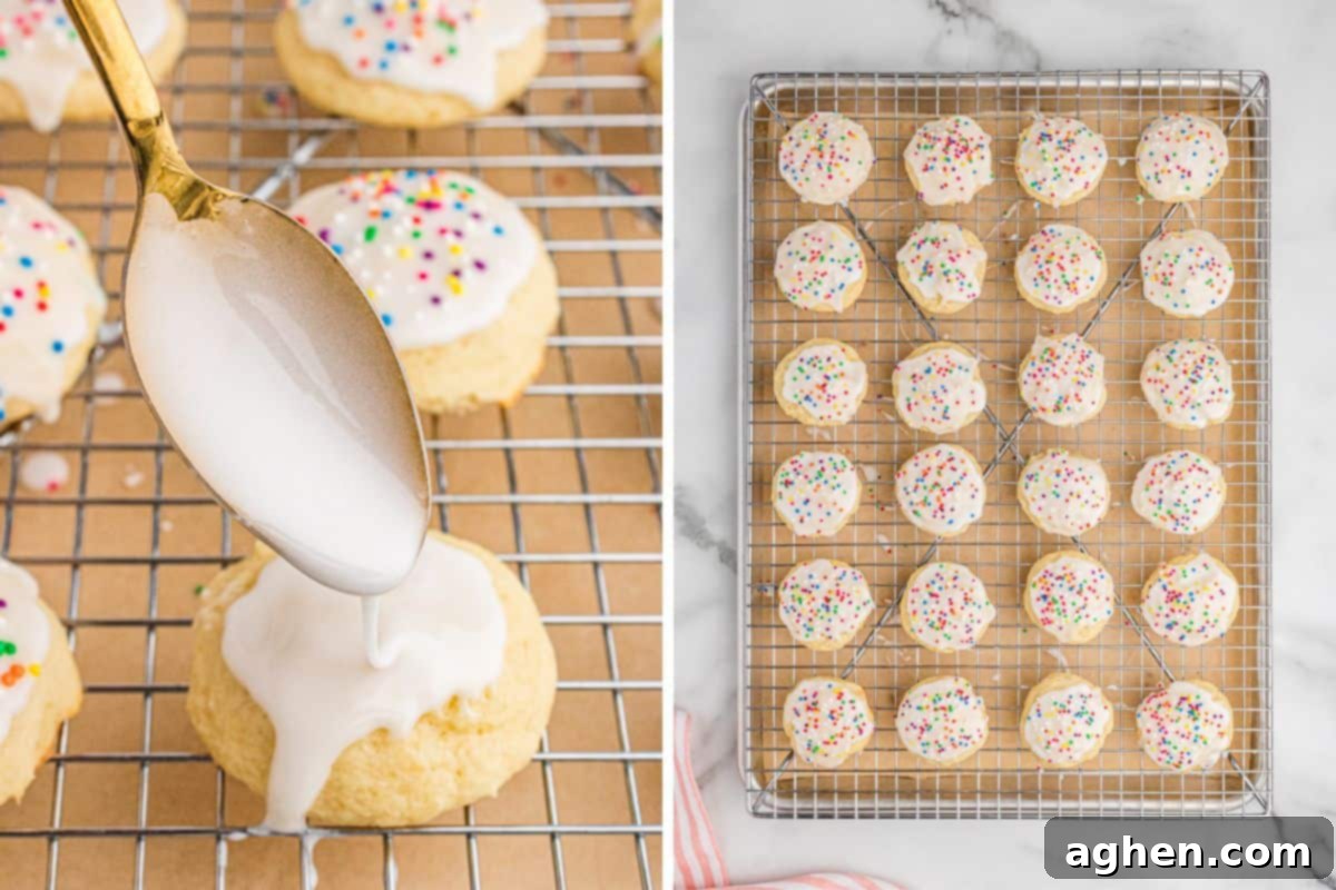 A split image of freshly baked Italian ricotta cookies. On the left, a spoon drizzles white icing onto a soft, golden cookie topped with colorful sprinkles on a cooling rack. On the right, a full tray of cookies with icing and rainbow sprinkles sits neatly arranged on a wire rack over parchment paper.