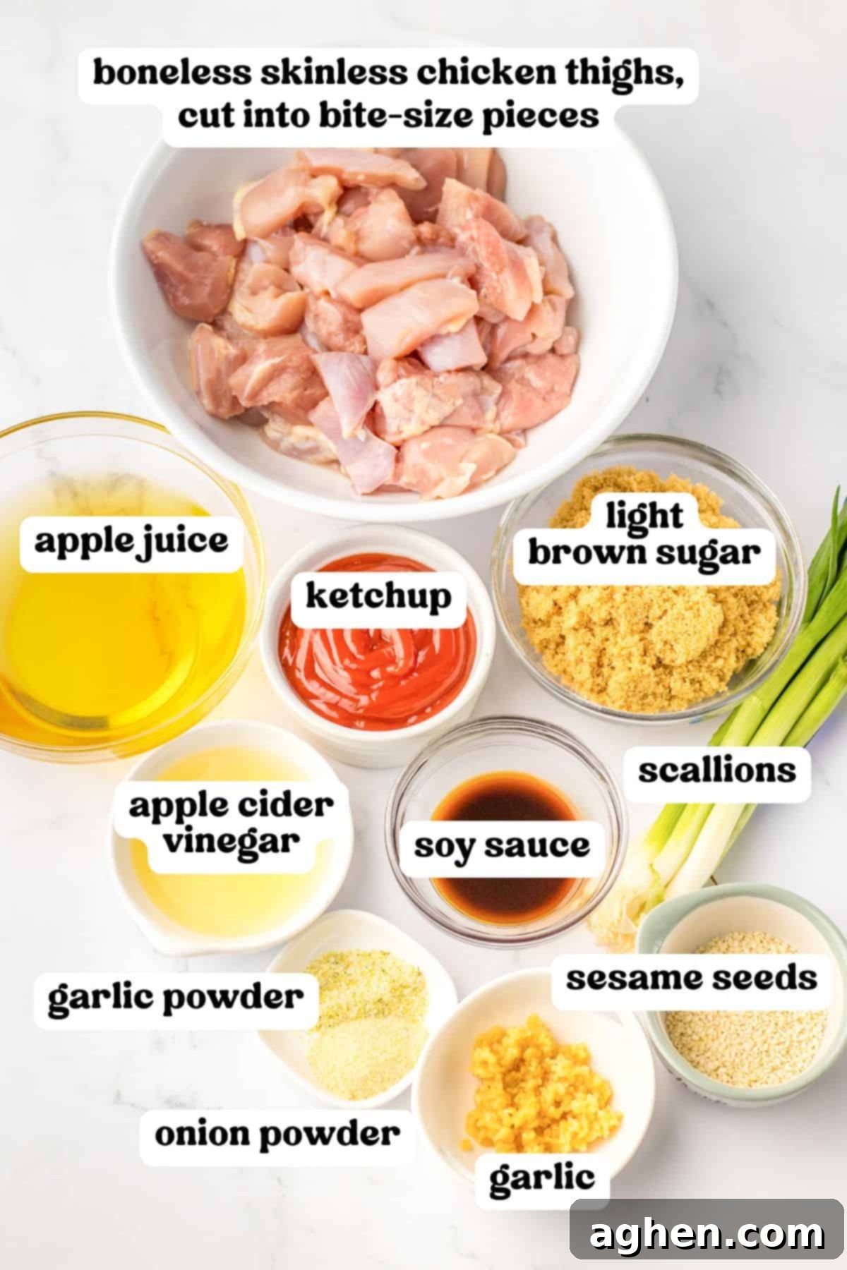 Ingredients to make this bourbon chicken recipe, including labeled chicken thighs, apple juice, ketchup, brown sugar, soy sauce, sesame seeds, and spices.