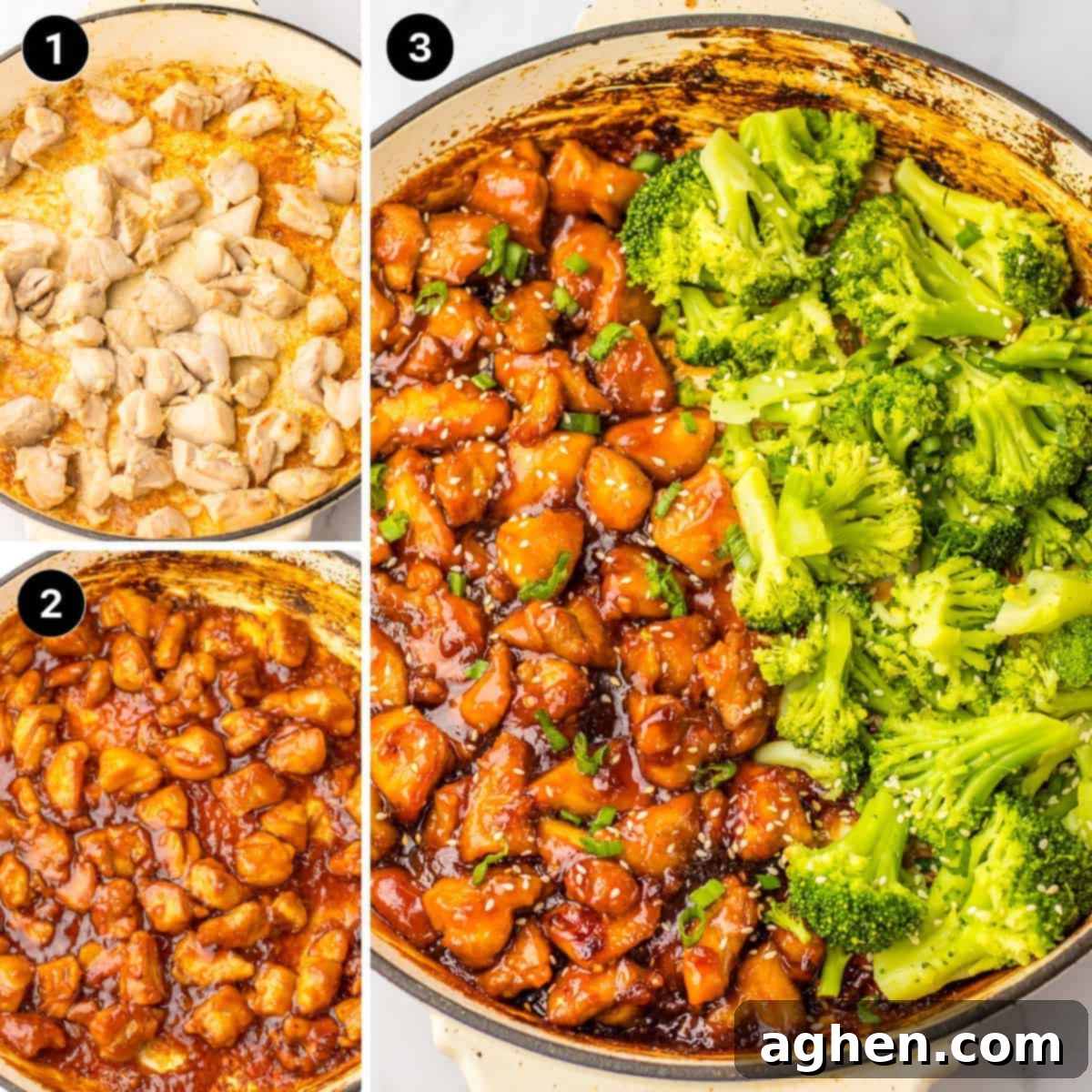 A collage of 3 images showing the cooking process for bourbon chicken. Image 1 shows bite-sized pieces of chicken being browned in a skillet. Image 2 shows the chicken coated in a rich, dark glaze as it simmers. Image 3 displays the final dish: glossy bourbon chicken garnished with sesame seeds and green onions on one side of the skillet, and bright green steamed broccoli on the other side.