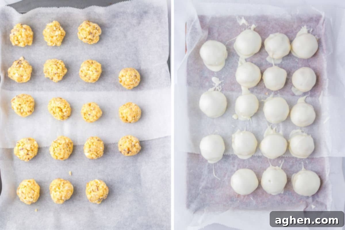 Side-by-side view of uncoated and white chocolate-coated dessert balls on parchment paper lined baking sheet.