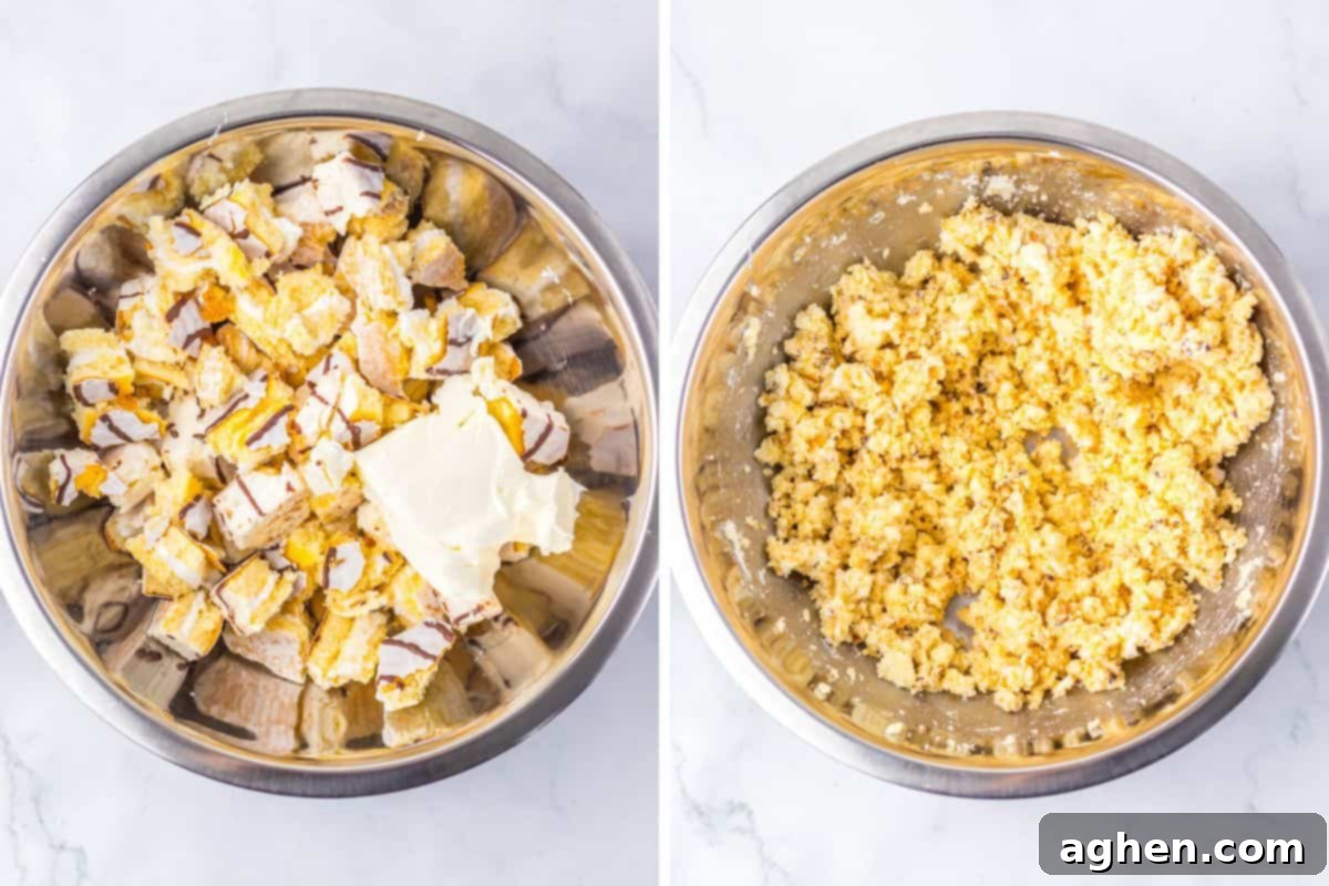 Side-by-side images of mixing process in metal bowls: the left image shows chunks of cakes and cream cheese, and the right image shows the fully blended mixture forming a coarse, yellow dough-like consistency.