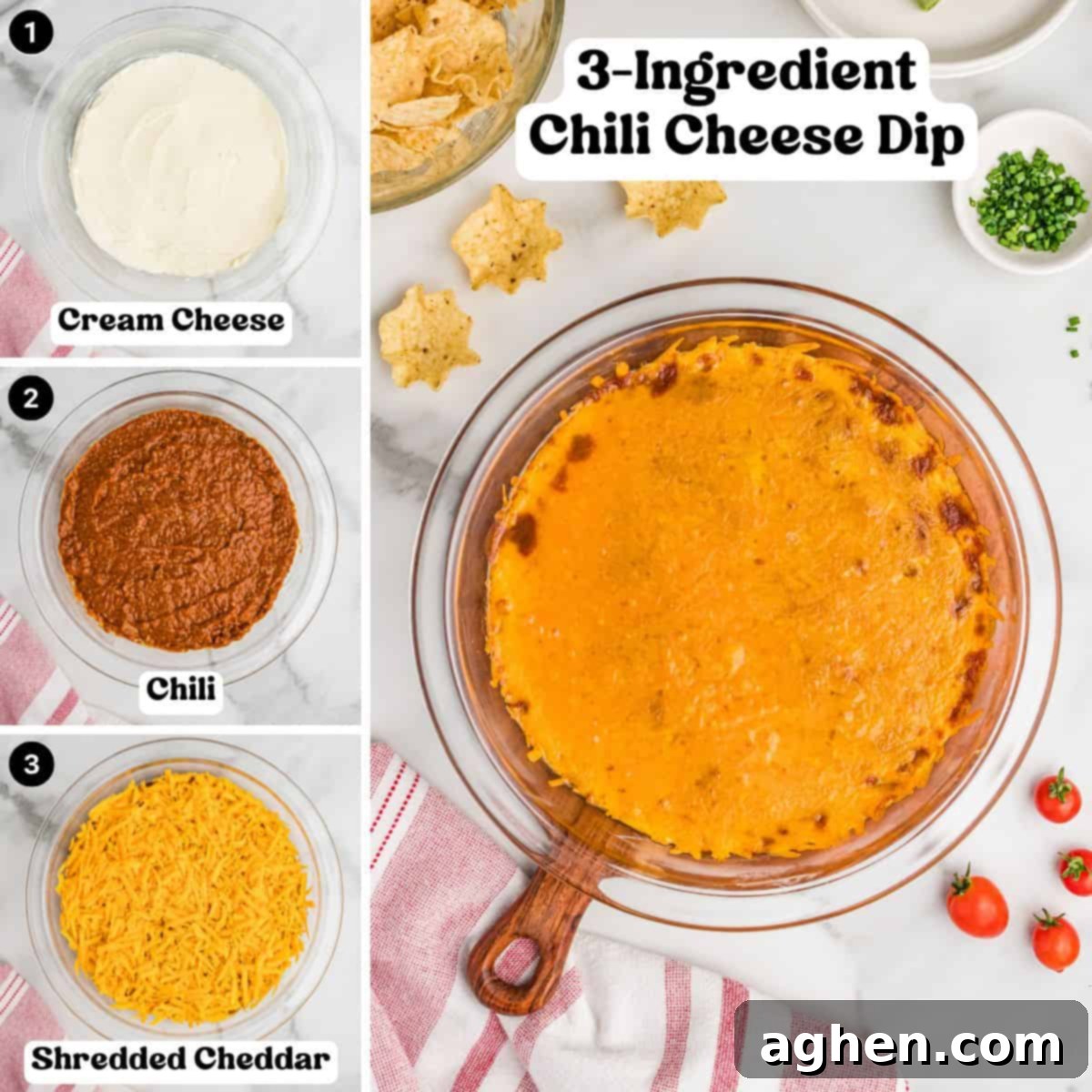 Collage showing steps for making 3-ingredient chili cheese dip. Top-left: softened cream cheese pressed into the bottom of a round pie dish. Middle-left: chili layered over cream cheese. Bottom-left: shredded cheddar cheese added on top. Right: baked dip, golden and bubbly, served with tortilla chips.