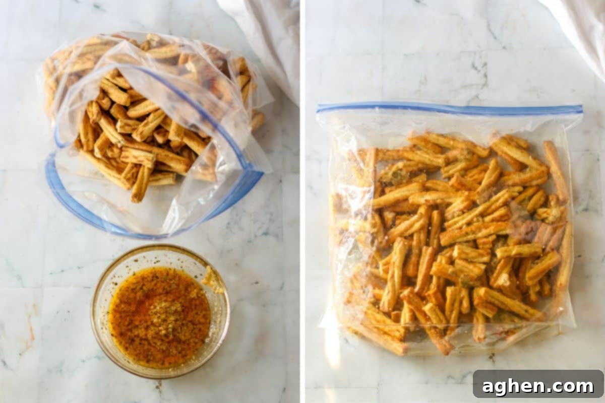 Spiced Pretzel Rods 4 A two-image collage. The left panel shows a clear plastic bag filled with plain pretzel sticks and a small glass bowl containing a mixture of melted butter and spices. The right panel shows the same bag with the pretzels fully coated in the golden-brown seasoning, ready for baking.