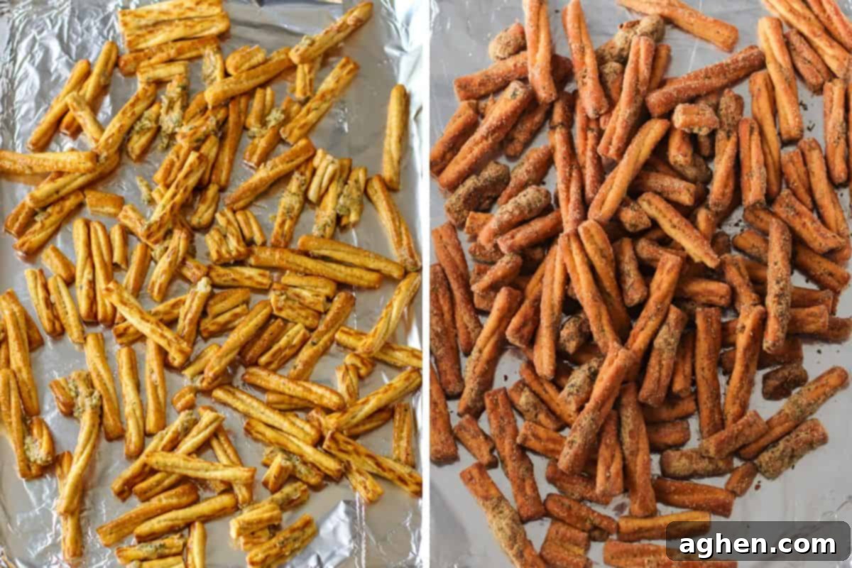 Spiced Pretzel Rods 5 A side-by-side view of two foil-lined baking sheets with seasoned pretzel sticks. The left tray shows pretzels before baking, lightly coated, while the right tray shows pretzels browned and crisp after baking.